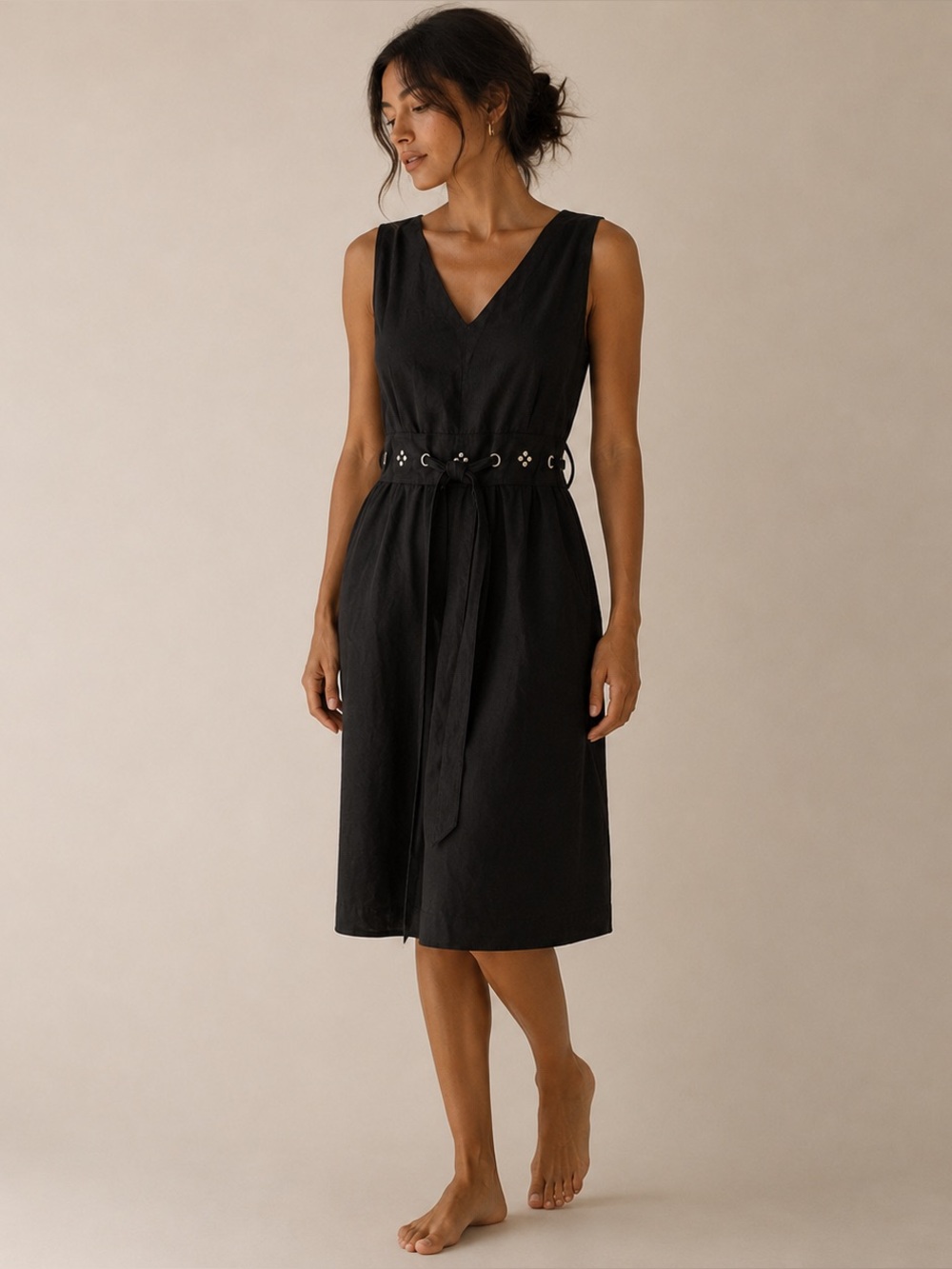 Jillian Jones 100% linen sheath dress women's 12 black lace up waist minimalist